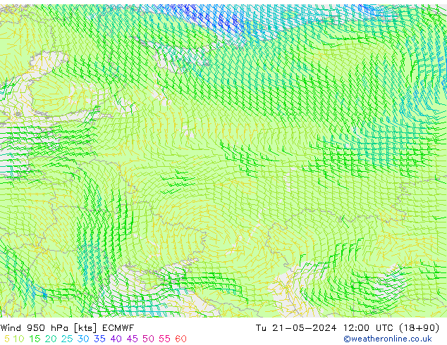Wind 950 hPa ECMWF Út 21.05.2024 12 UTC
