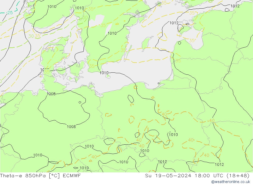 Theta-e 850hPa ECMWF nie. 19.05.2024 18 UTC