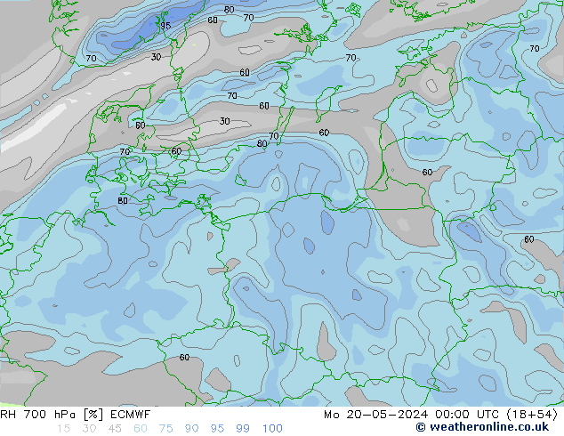 Humidité rel. 700 hPa ECMWF lun 20.05.2024 00 UTC