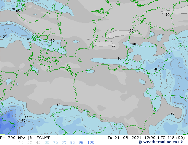 RH 700 гПа ECMWF вт 21.05.2024 12 UTC