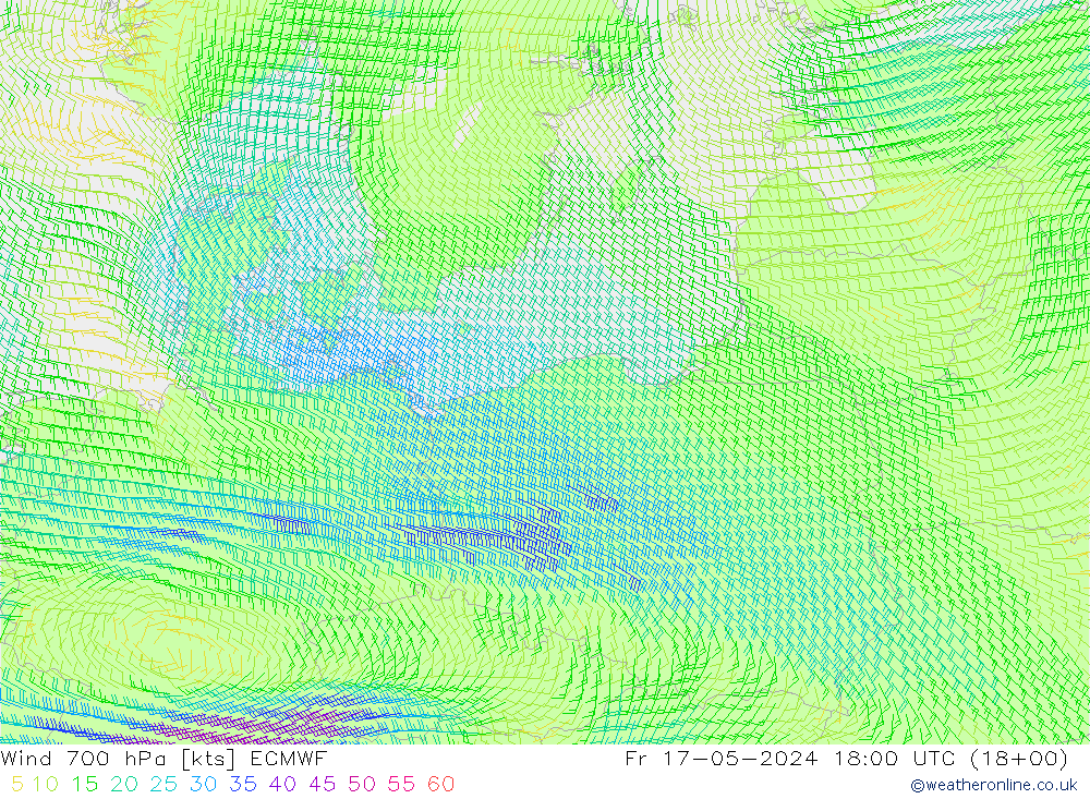 ветер 700 гПа ECMWF пт 17.05.2024 18 UTC