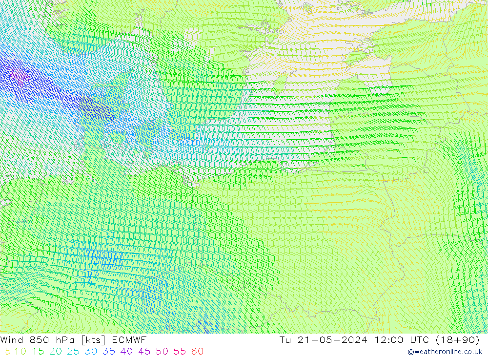Wind 850 hPa ECMWF Tu 21.05.2024 12 UTC