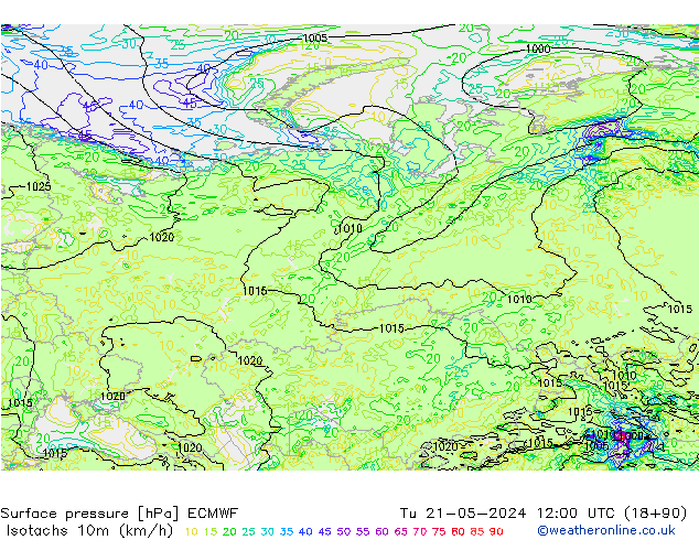 Isotaca (kph) ECMWF mar 21.05.2024 12 UTC