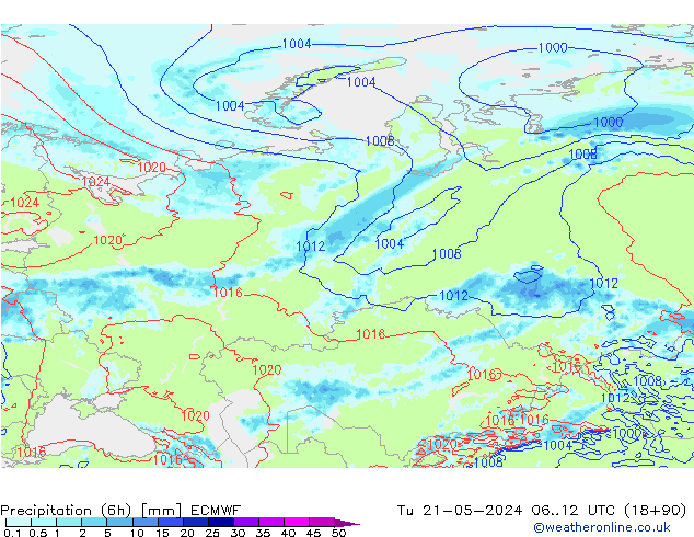 Precipitation (6h) ECMWF Út 21.05.2024 12 UTC