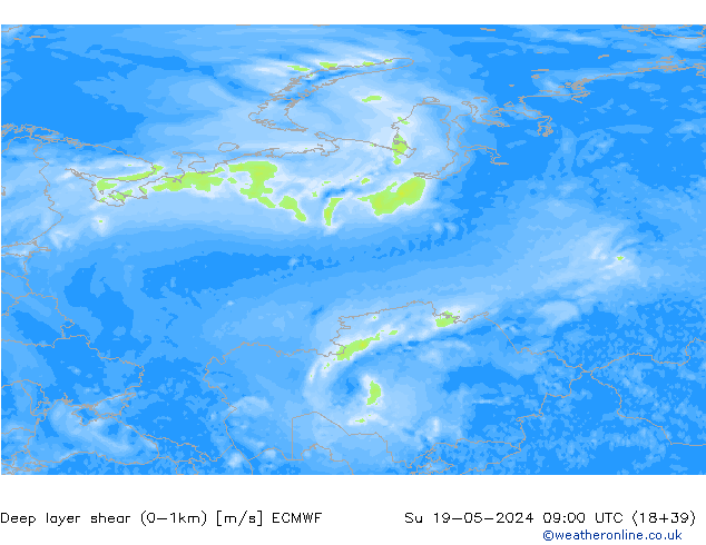 Deep layer shear (0-1km) ECMWF Dom 19.05.2024 09 UTC