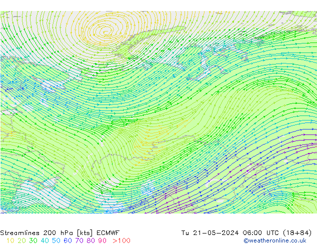 Línea de corriente 200 hPa ECMWF mar 21.05.2024 06 UTC