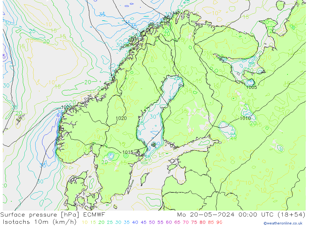 Izotacha (km/godz) ECMWF pon. 20.05.2024 00 UTC