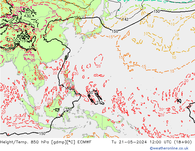 Height/Temp. 850 hPa ECMWF Tu 21.05.2024 12 UTC
