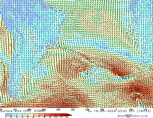 Surface wind (bft) ECMWF Ne 19.05.2024 03 UTC