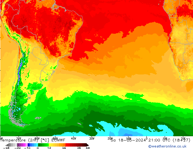 Temperature (2m) ECMWF Sa 18.05.2024 21 UTC
