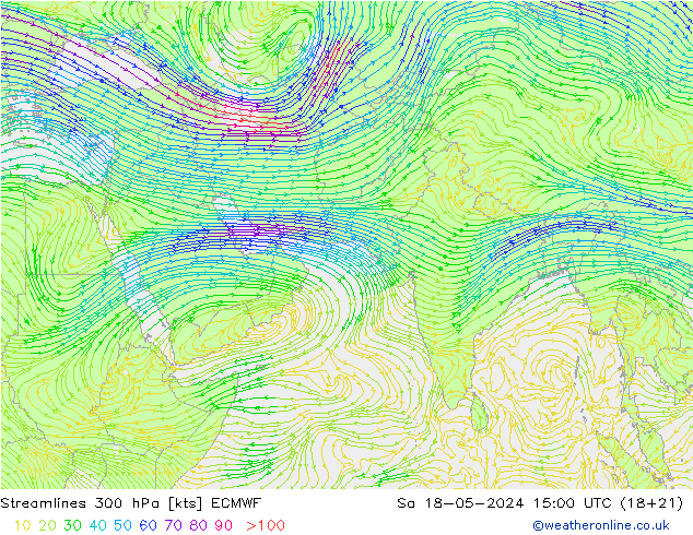 Streamlines 300 hPa ECMWF Sa 18.05.2024 15 UTC