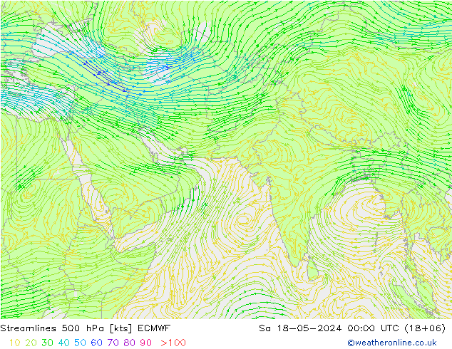 Linea di flusso 500 hPa ECMWF sab 18.05.2024 00 UTC