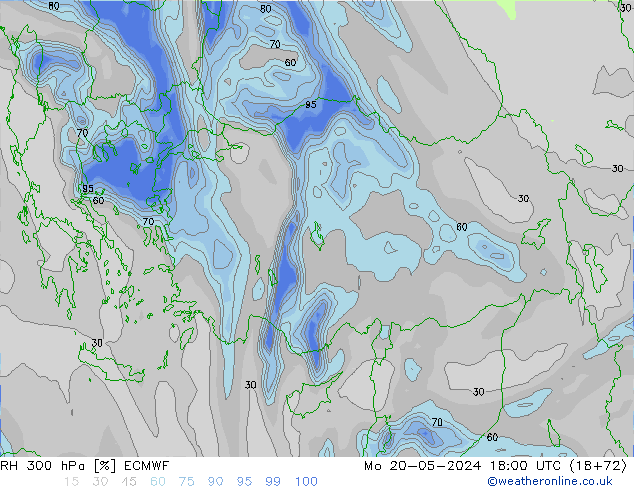 Humidité rel. 300 hPa ECMWF lun 20.05.2024 18 UTC