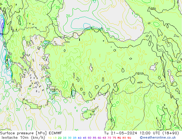 Isotachen (km/h) ECMWF di 21.05.2024 12 UTC