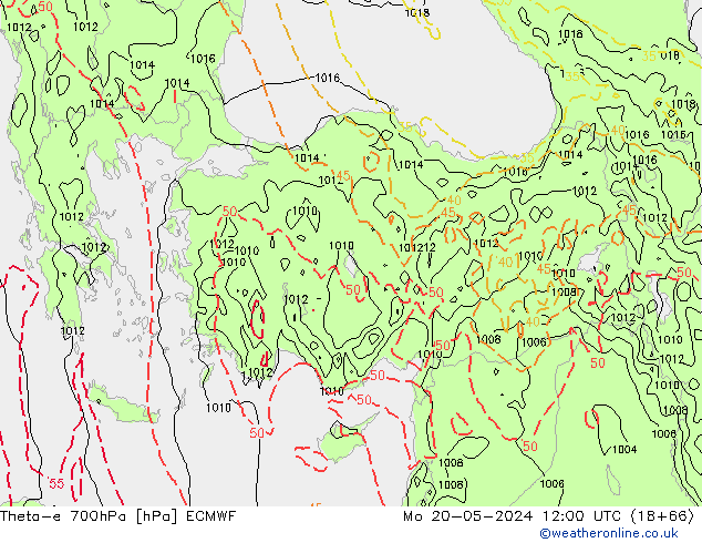 Theta-e 700hPa ECMWF Po 20.05.2024 12 UTC