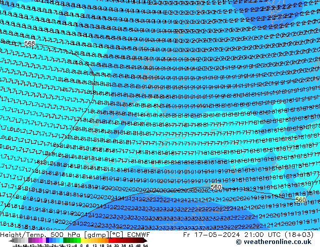 Height/Temp. 500 гПа ECMWF пт 17.05.2024 21 UTC