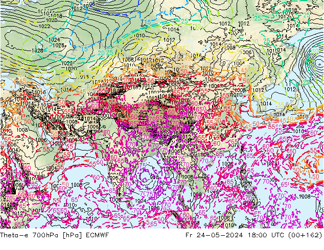 Theta-e 700hPa ECMWF Fr 24.05.2024 18 UTC