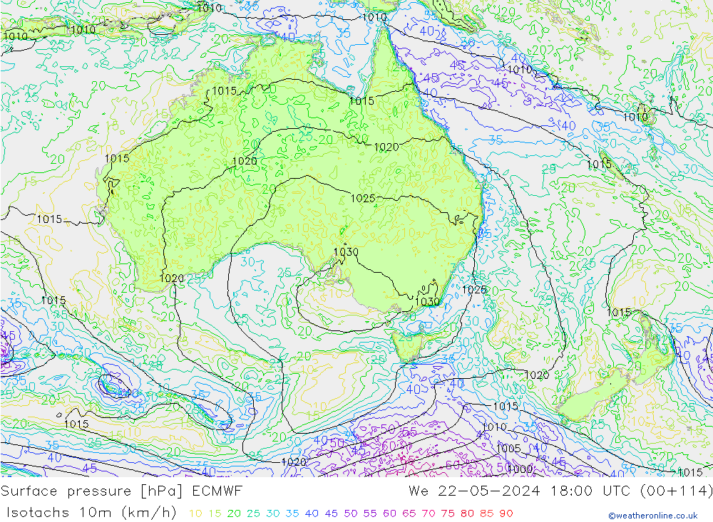 Isotachs (kph) ECMWF mer 22.05.2024 18 UTC