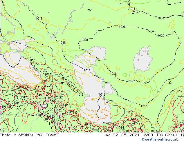 Theta-e 850hPa ECMWF mer 22.05.2024 18 UTC