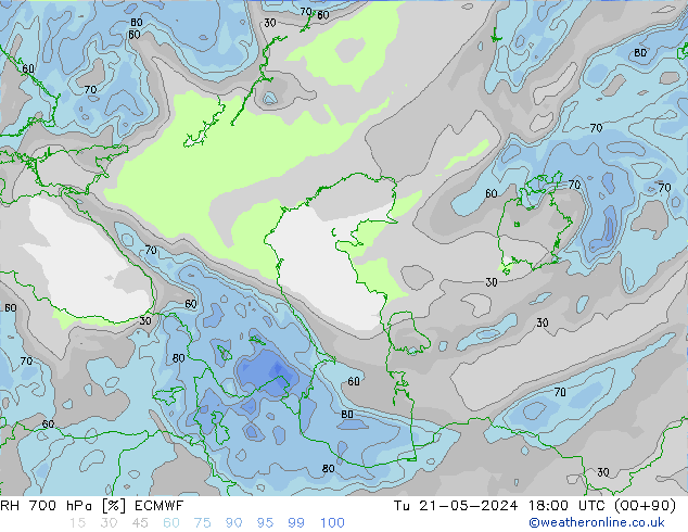 RH 700 hPa ECMWF Ter 21.05.2024 18 UTC