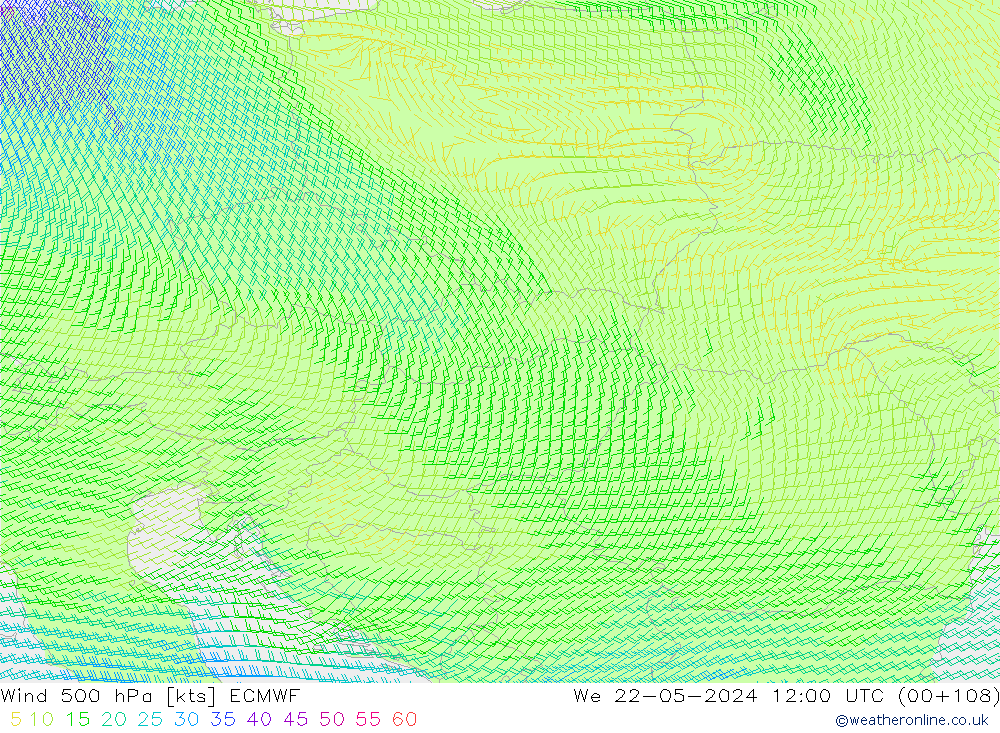 Wind 500 hPa ECMWF wo 22.05.2024 12 UTC