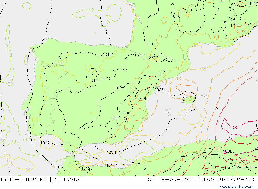 Theta-e 850hPa ECMWF Paz 19.05.2024 18 UTC