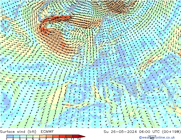 Surface wind (bft) ECMWF Su 26.05.2024 06 UTC