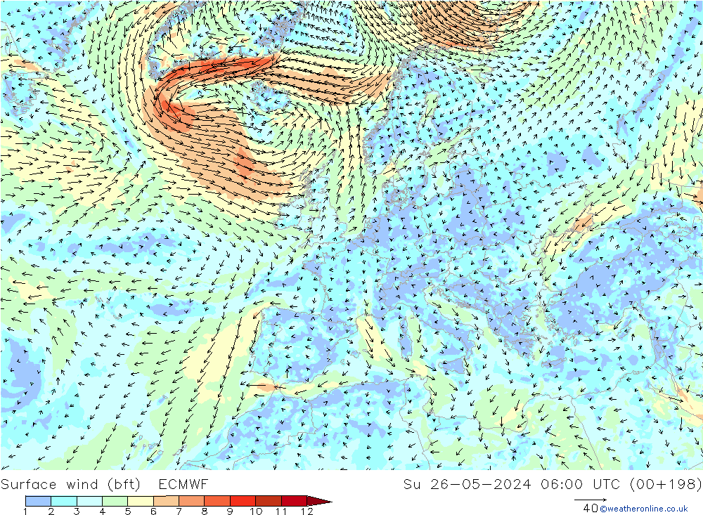Surface wind (bft) ECMWF Su 26.05.2024 06 UTC