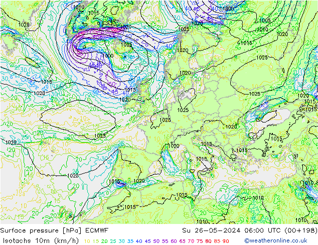 Isotachen (km/h) ECMWF zo 26.05.2024 06 UTC