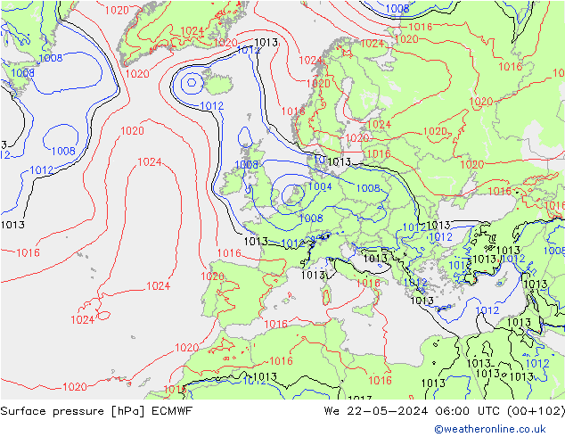 Presión superficial ECMWF mié 22.05.2024 06 UTC