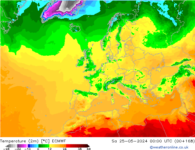 mapa temperatury (2m) ECMWF so. 25.05.2024 00 UTC