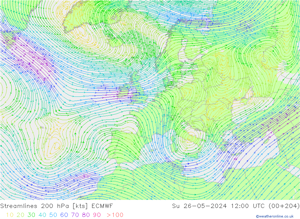 Streamlines 200 hPa ECMWF Su 26.05.2024 12 UTC