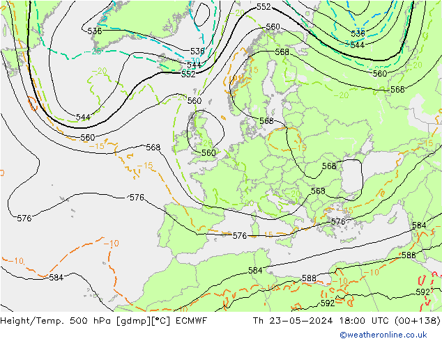 Geop./Temp. 500 hPa ECMWF jue 23.05.2024 18 UTC