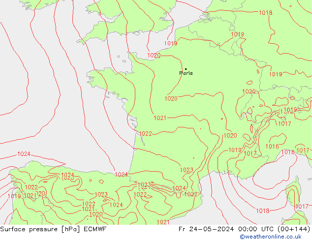Presión superficial ECMWF vie 24.05.2024 00 UTC
