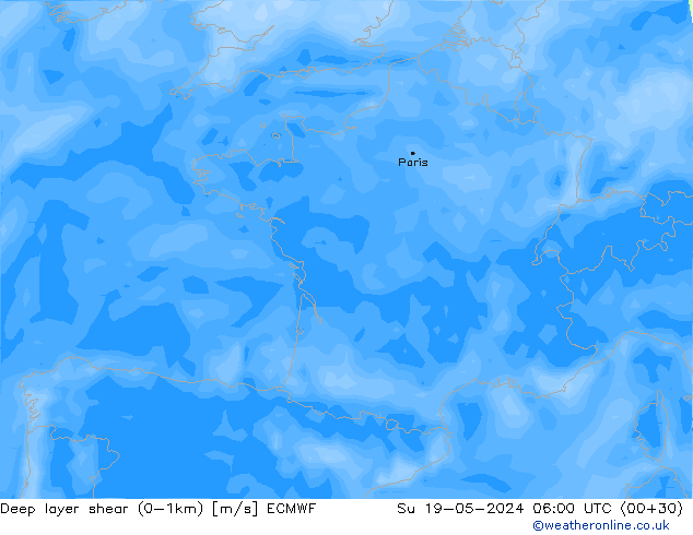 Deep layer shear (0-1km) ECMWF Paz 19.05.2024 06 UTC