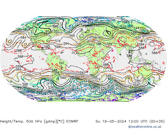 Height/Temp. 500 hPa ECMWF So 19.05.2024 12 UTC