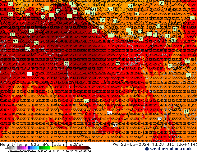 Hoogte/Temp. 925 hPa ECMWF wo 22.05.2024 18 UTC