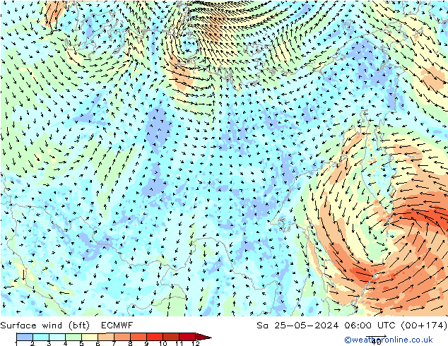 Surface wind (bft) ECMWF Sa 25.05.2024 06 UTC