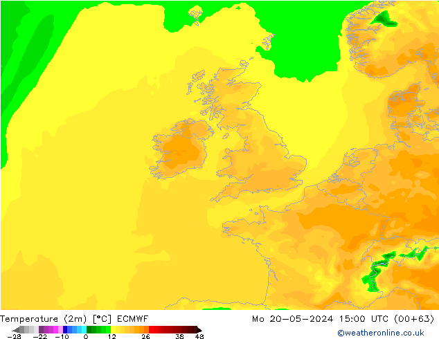 mapa temperatury (2m) ECMWF pon. 20.05.2024 15 UTC