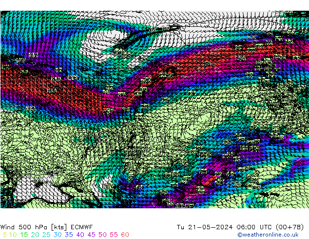 Wind 500 hPa ECMWF Tu 21.05.2024 06 UTC