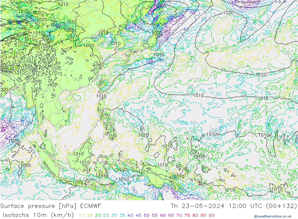 Izotacha (km/godz) ECMWF czw. 23.05.2024 12 UTC