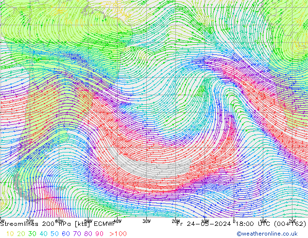 Linea di flusso 200 hPa ECMWF ven 24.05.2024 18 UTC