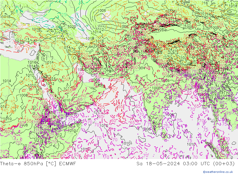 Theta-e 850hPa ECMWF 星期六 18.05.2024 03 UTC