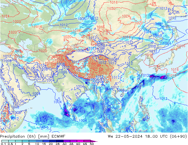 Totale neerslag (6h) ECMWF wo 22.05.2024 00 UTC