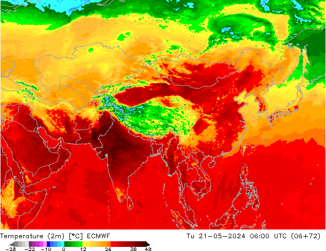 mapa temperatury (2m) ECMWF wto. 21.05.2024 06 UTC