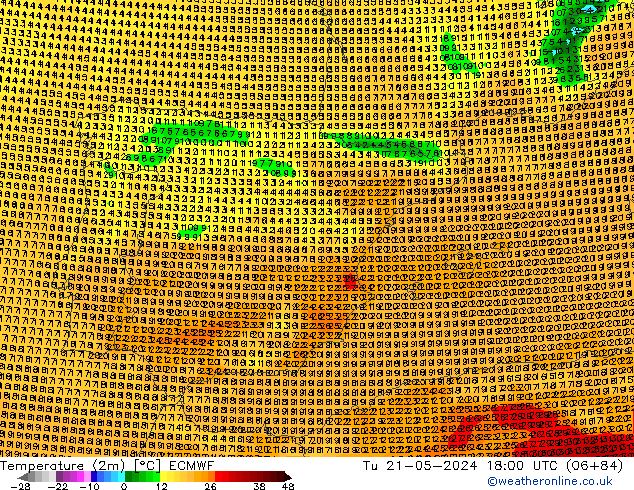 Temperatuurkaart (2m) ECMWF di 21.05.2024 18 UTC