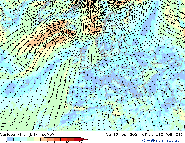 Wind 10 m (bft) ECMWF zo 19.05.2024 06 UTC