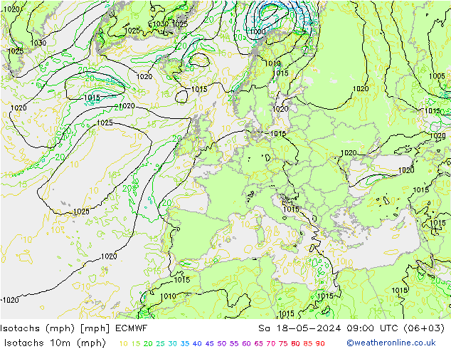 Isotachs (mph) ECMWF Sáb 18.05.2024 09 UTC