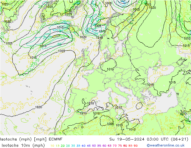 Isotachs (mph) ECMWF Dom 19.05.2024 03 UTC