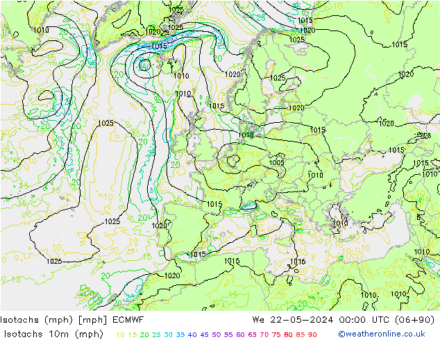 Isotachs (mph) ECMWF mer 22.05.2024 00 UTC